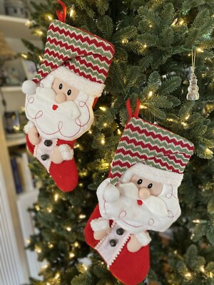 Christmas Stockings Santa 3D Set of Two With Jingle Bells Vintage 15'' X 8'' EUC