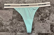 NWOT STEVE MADDEN MEDIUM AQUA SMOOTH STRIPE THICK LOGO WAISTBAND THONG PANTIES