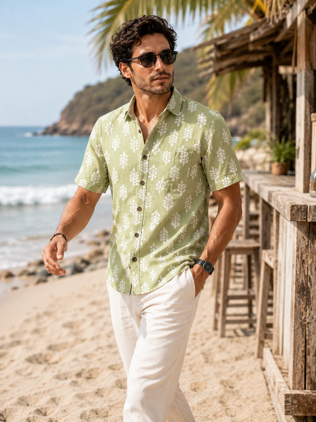 Men Pista Green Cotton Shirt Short Sleeve Leaf Print Casual Summer Shirt
Opens in a new window or ta