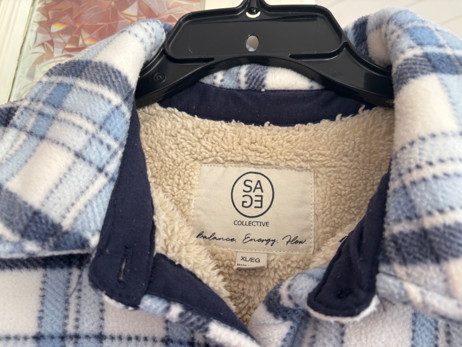 Sage Collective Sherpa Lined Shacket Sz XL Blue Plaid Flannel Jacket Casual Cozy