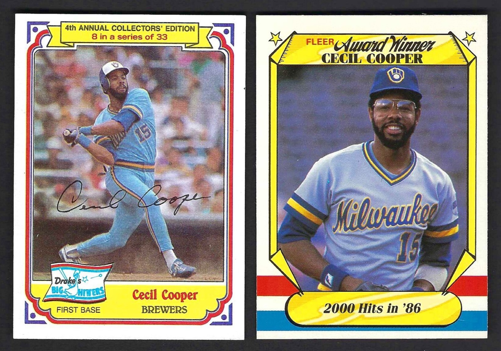 Cecil Cooper Lot 1984 Drake's Big Hitters #8 & 1987 Fleer Award Winner #10