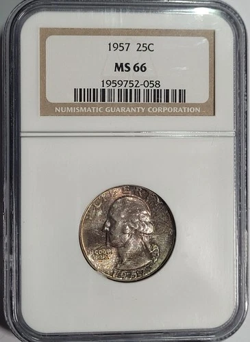 1957-P Washington 90% Silver 25c Quarter NGC MS66 - Attractive Original Toning!