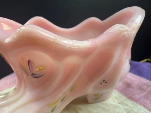 AS IS Fenton Pink Rosalene Slipper Shoe Handpainted Glass  Signed 95th