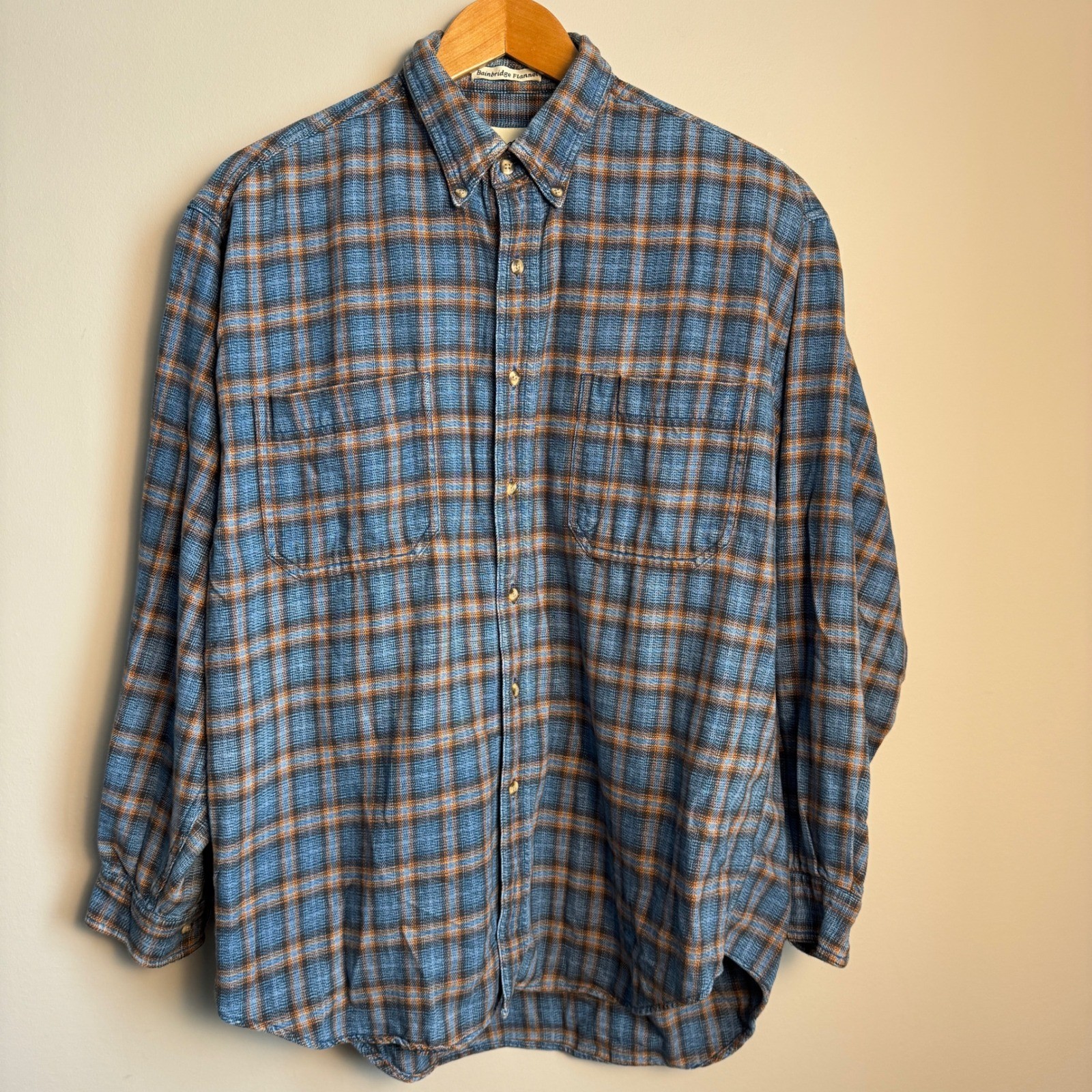 Eddie Bauer Bainbridge Flannel Shirt Men's Large Blue Brown Plaid Vintage Retro