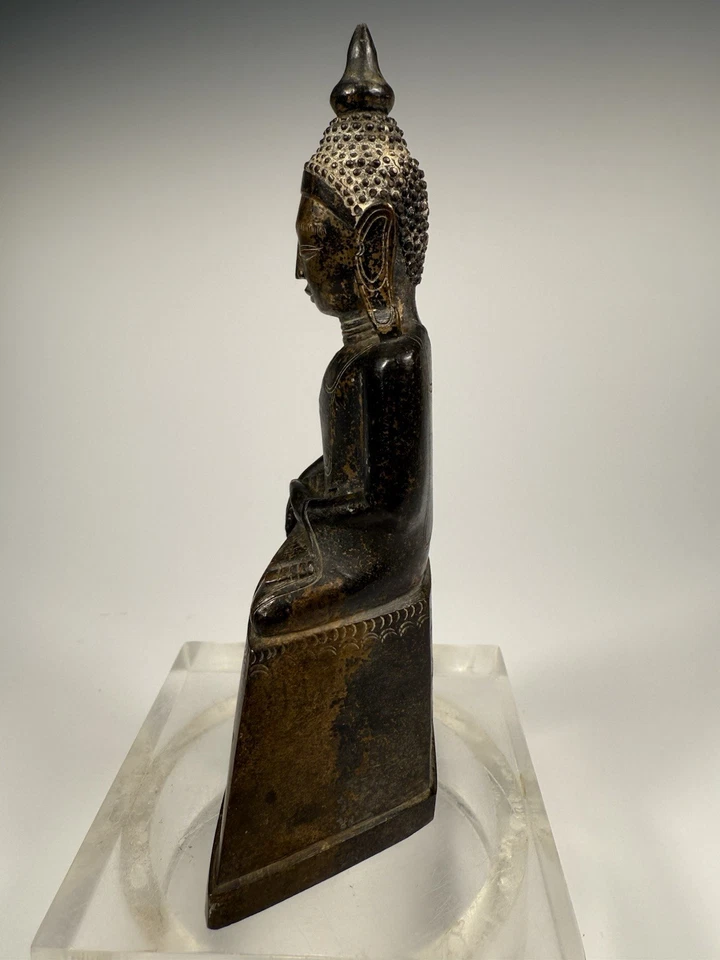 Burma Burmese Shan Bronze Buddha on integral base w/ Inscription ca 15th century - Image 4 of 4