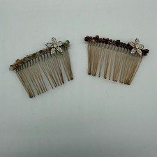 Vintage Beaded Flower Hair Combs Gold Tone Rhinestone Crystal Set of 2