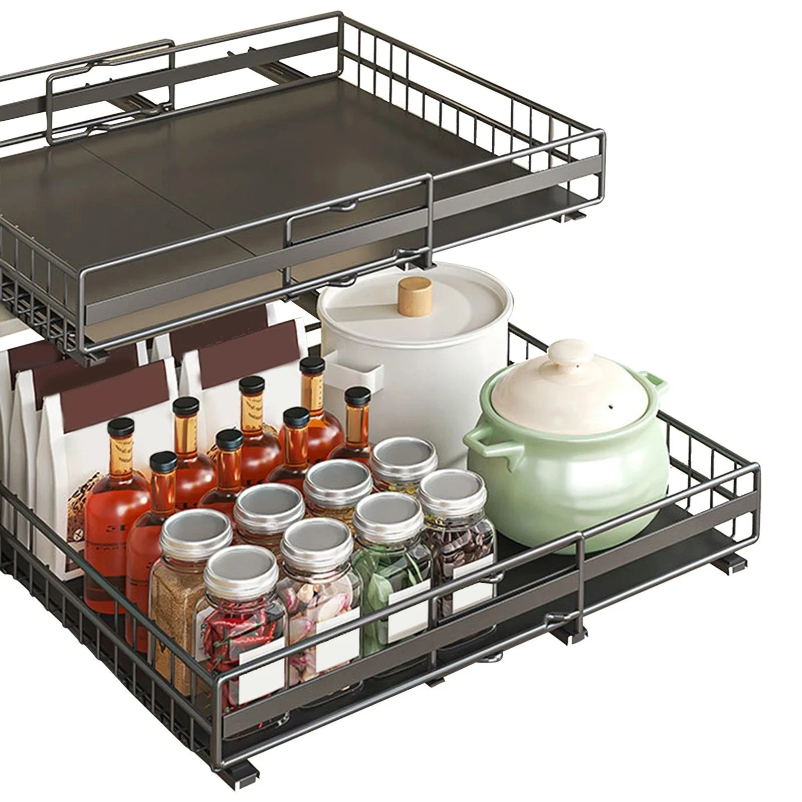 2-Pack Pull-Out Kitchen Cabinet Organiser Expandable Slide-Out Drawer Shelf Rack