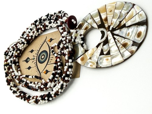 Five Strand Brown, White & Black Seed Bead Necklace with Shell Inlay Donut Penda