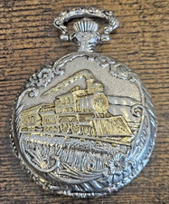 Time/date Train Locomotive Pocket Watch Quartz Silver Gold Tone - 2 New Batt