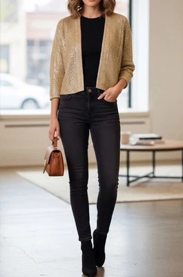 Willow & Clay XS Gold Metallic Shimmer Open Cardigan Sweater Party Glam Holiday - Image 1 of 4