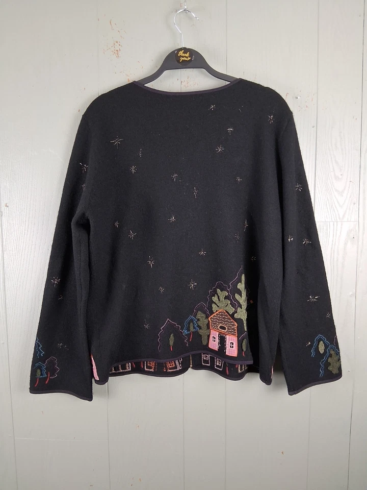 Vintage Starry Night Village Cardigan Sweater Womens XL Boiled Wool Artsy Flawed - Image 2 of 4