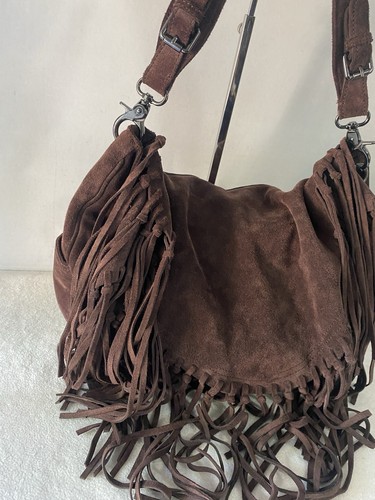 Borsa hobo Sorial pelle scamosciata frange tracolla chiusura con patta boho hippie western - Foto 3 di 18