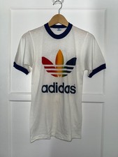 Rare 1978 Deadstock Vintage Adidas Rainbow Trefoil Ringer T-Shirt size S 70s