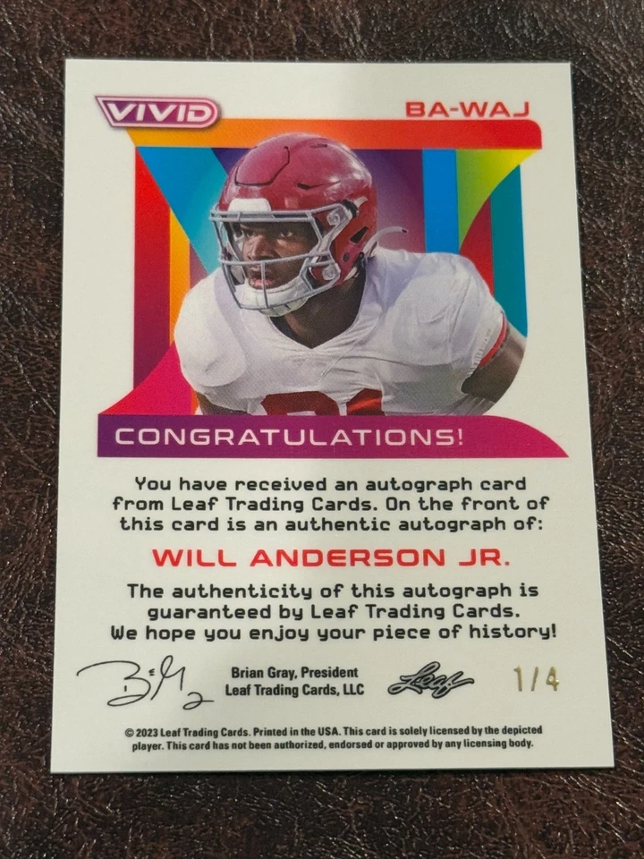 2023 Leaf Vivid #BA-WAJ Will Anderson Jr. 绿色签名 #/4 阿拉巴马州/休斯顿德州人 — 第 2/2 张图片