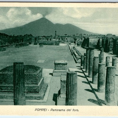 c1920s Pompeii, Italy Ancient Roman Forum Ruins Mount Vesuvius Volcano View A338