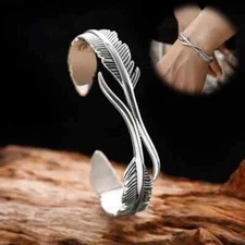 925 Sterling Silver Feather Cuff Bangle Vintage Antic Leaf Bracelet