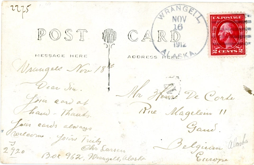 ALASKA PHOTO CARD WITH TWO 1912 WRANGLE HANDSTAMPS TO BELGIUM -LeCONTE GLACIER - Image 2 of 2