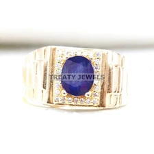 Blue Sapphire Oval Cut With 925 Sterling Silver Gold Plated Ring For Men #A221 *