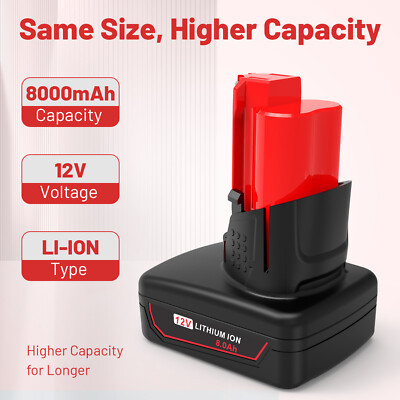 2-Pack 12V 8000mAh Lithium Replacement Battery For Milwaukee M12 Tools – Fits 48-11-2411, 2420, 2401 & More, Upgraded Capacity, Smart Protection, Fire-Resistant