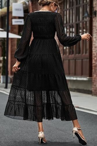 Kormei Women's Long Sleeve Smocked Elastic Waist Flowy Swiss Dot Casual Size M - Picture 2 of 4
