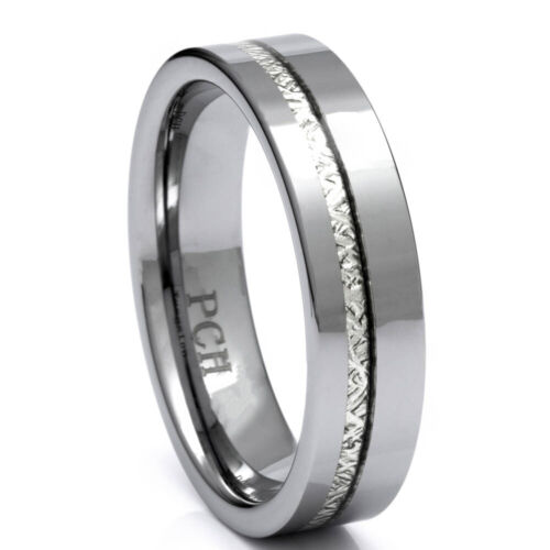 Men's Tungsten Ring With Meteorite Inlay, 6mm Comfort Fit Wedding Band - Afbeelding 1 van 5