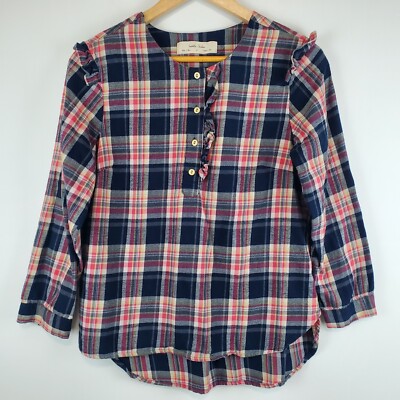 Anthropologie Isabella Sinclair Plaid Flannel Henley Top Blouse Small Womens