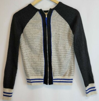 Autumn Cashmere Cardigan Sweater Girl's Sz 12 Black/Gray/Blue Striped Full-Zip 