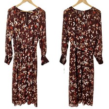 Calvin Klein Printed Round Neck Midi Chiffon Dress Size 16 Syrah Multi Belted