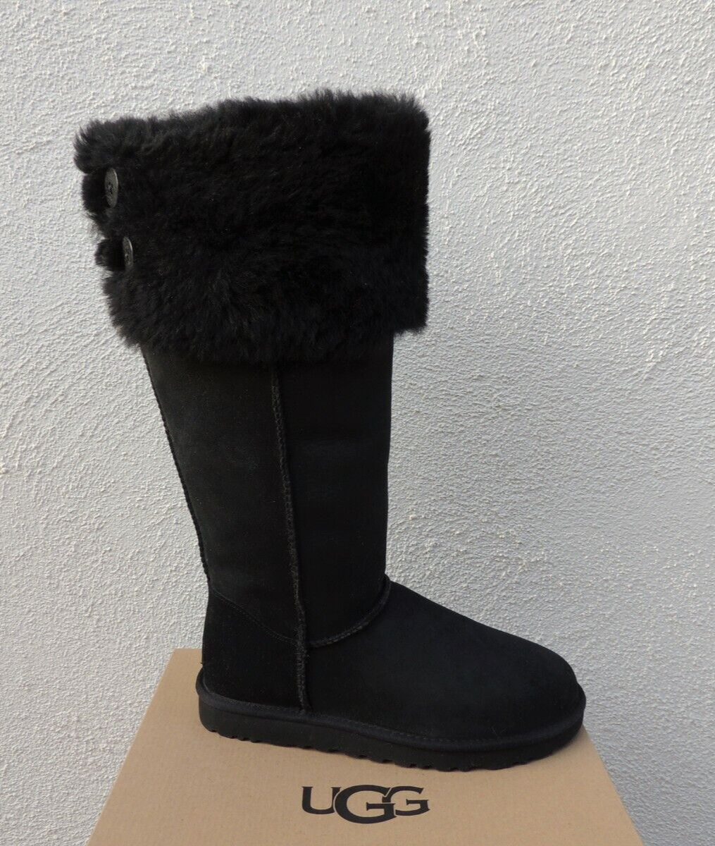 UGG BLACK OVER THE KNEE BAILEY BUTTON SHEEPSKIN BOOTS, WOMEN