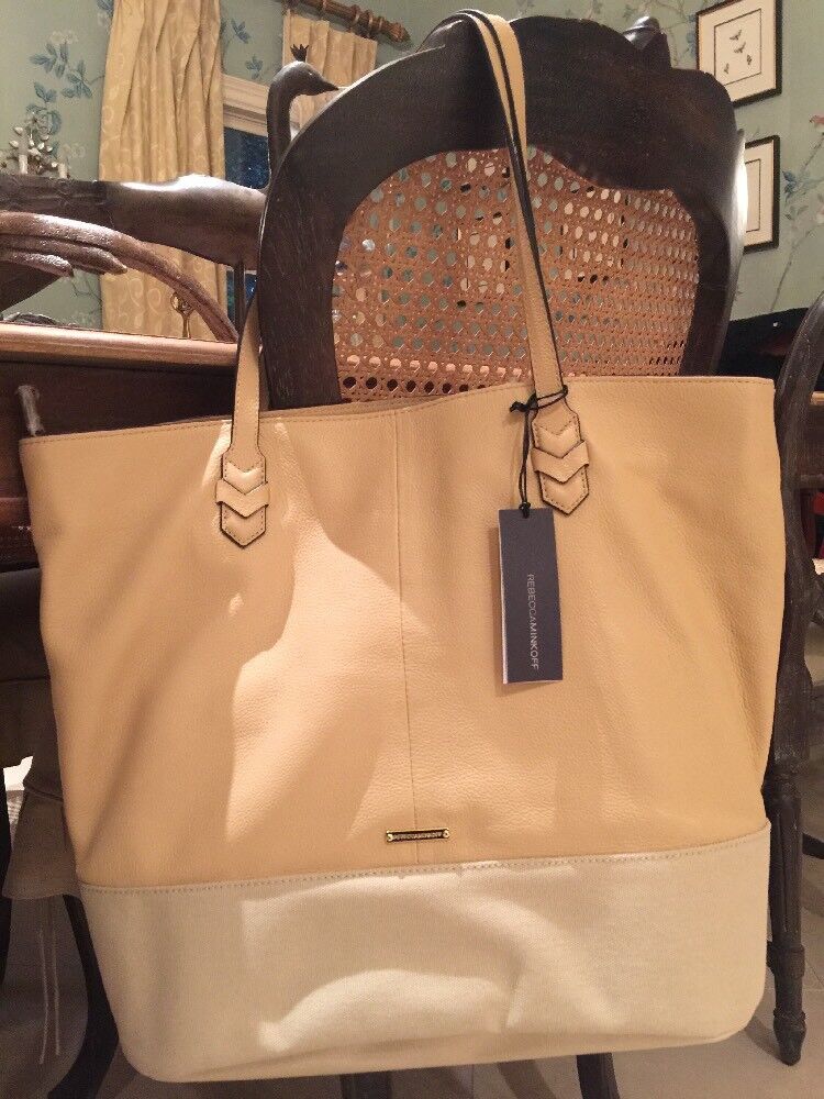NWT $345 Rebecca Minkoff Mansfield Large Tote Leather & Canvas Biscuit / Cream