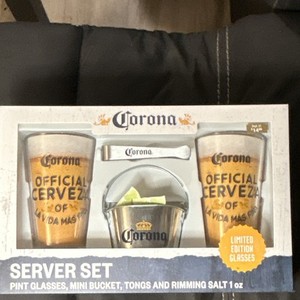 Corona Server Set Pint Glasses, Mini Bucket, Tongs & Rimming Salt Breweriana