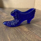 Vintage Fenton Button And Daisy Cobalt Blue Cat Head Glass Shoe Slipper