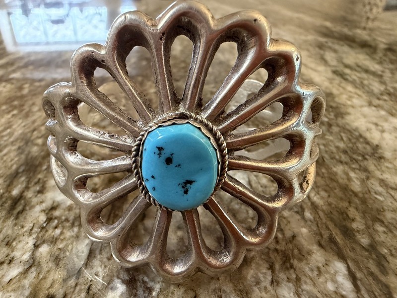 Sterling Silver Turquoise Cuff Bracelet - Vintage Southwestern SandCast - 66.27g