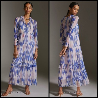 Anthropologie The Marais Printed Chiffon Maxi Dress Blue Pink Size XL