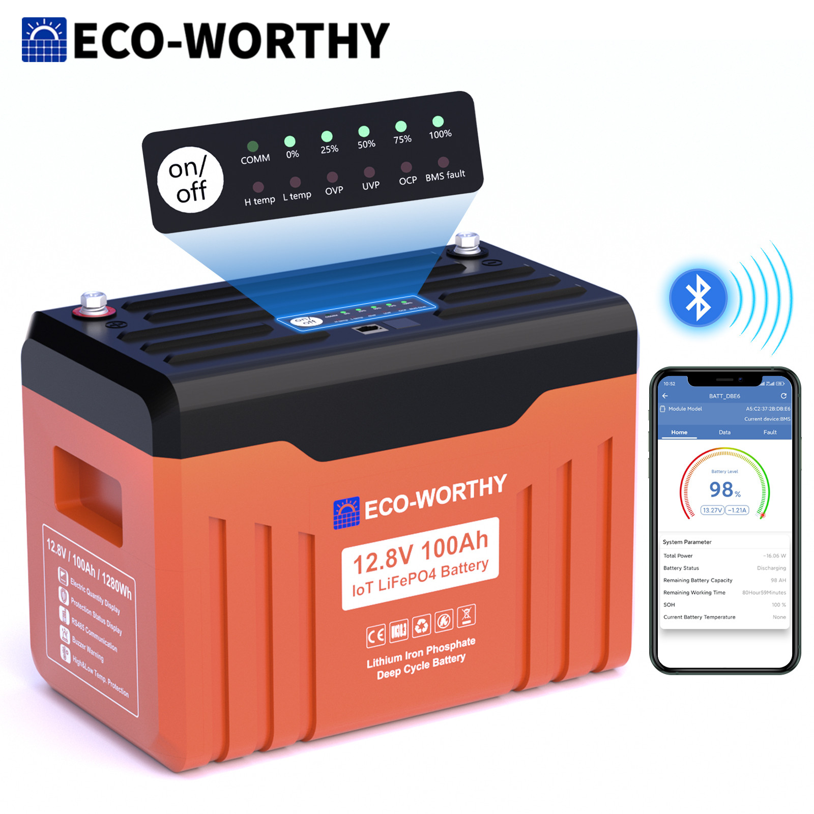 ECO-WORTHY 1280Wh 12V 100AH LiFePO4 Lithium Battery With SOC Display Bluetooth