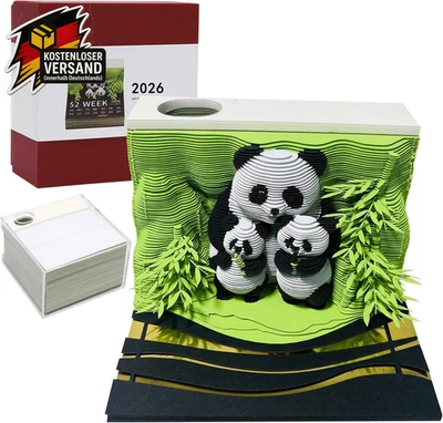 DASIAUTOEM 3D Kalender Abreißen 2026 Panda Notizblock Papierskulpturen Tischkalender Haftno