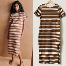 Sezane SMALL Emy organic cotton midi dress in Striped Parasol Earth brown