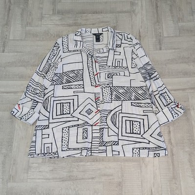 Ali Miles XL Black White Geometric Abstract Red Button Top Artsy Maximalist