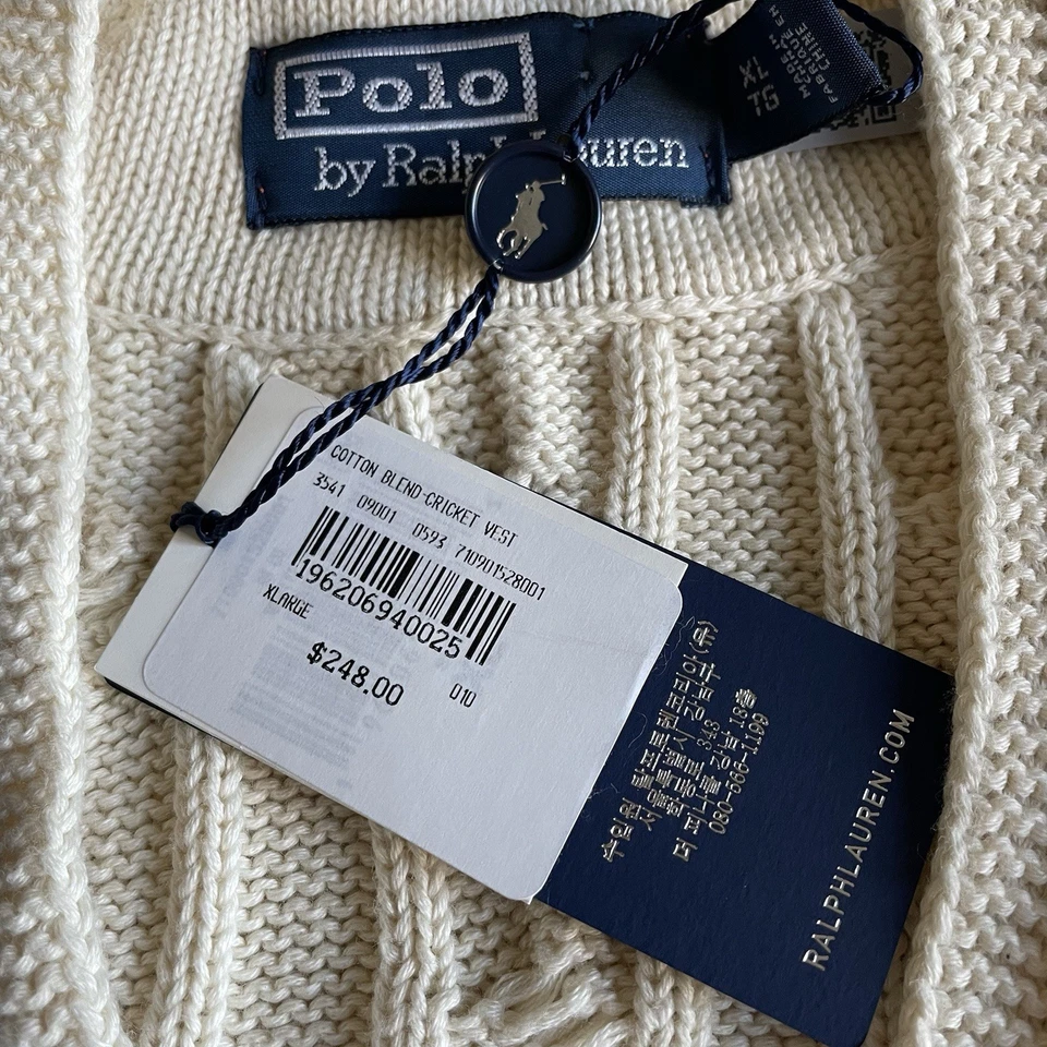 Polo Ralph Lauren Crest Hombres XL Algodón Cricket Chaleco Crema Foto 4 de 4