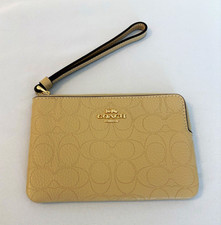 Coach Beige Signature Zip Wristlet Wallet Pouch w/ Wrist Strap, Card Slots