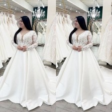 Plus Size Wedding Dresses V Neck Lace Long Sleeve A Line Sweep Train Bridal Gown