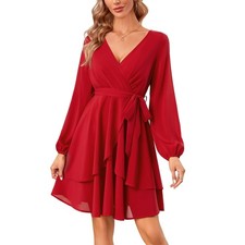 Womens Skater Dresses Sexy V Neck Short Sleeve Tie Waist Solid Ruffle Boho Flowy