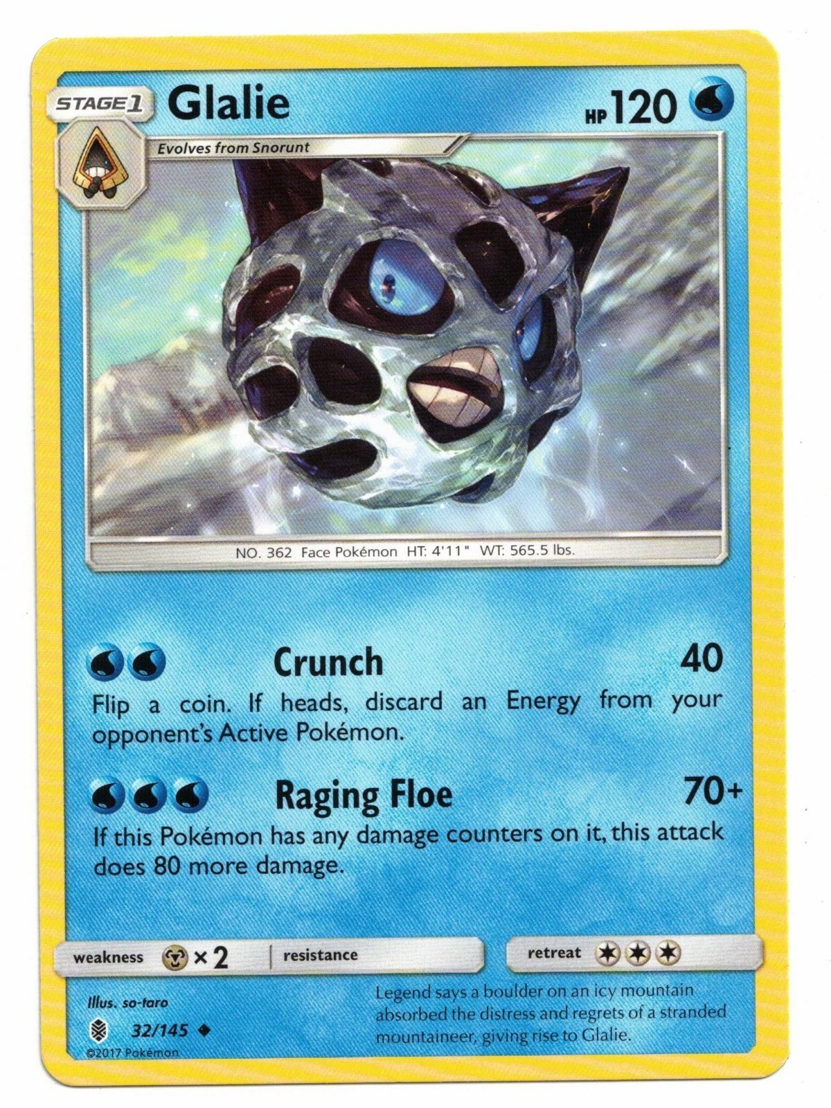 Pokemon Card: Glalie 32/145 S&M Sun & Moon Guardians Rising Set! NM