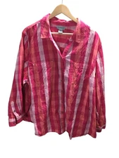 Catherines Top Women's Size 3X Pink Plaid 100% Cotton Button Up Metal Stripes