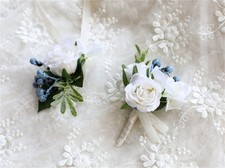 White Rose Wedding Wrist Corsage, Boutonniere Set, Prom, Hand Ribbon, Flower