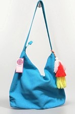 Buckhead Betties Bright Blue Cotton Tasseled Charm Zip Hobo Tote Bag Purse NWT
