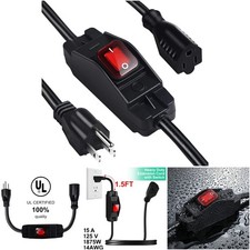 Outdoor Waterproof On/Off Switch Extension Cord Heavy Duty 125v/250v Black 3 Ft