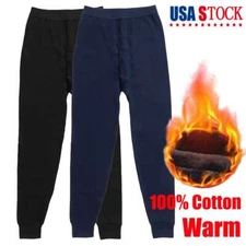 Men Winter Fleece Lined 100% Cotton Thermal Long Johns Bottom Underwear Pants