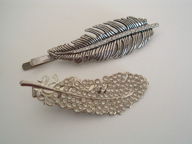 2 Vintage Silver Feather and Rhinestones 3.5