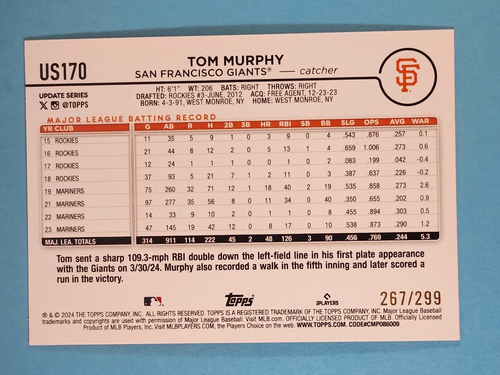 2024 Topps Update ORANGE CRACKLE FOIL BOARD Tom Murphy Giants #US170 267/299 - Picture 2 of 2